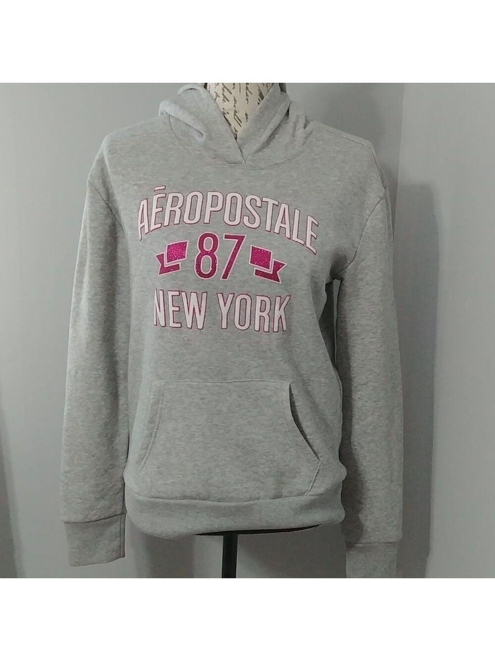 -Aeropostale grey hoodie with glitter pink lettering S (fits small)